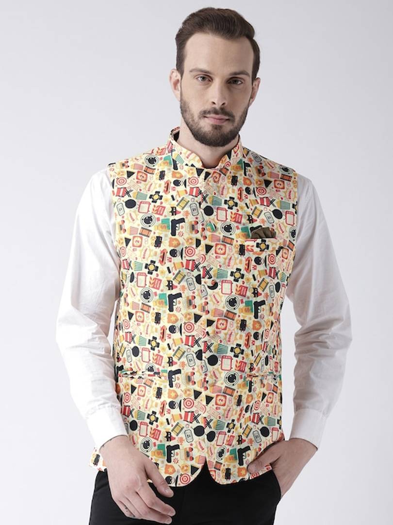 Men's Multicoloured 
Cotton Blend
 Printed Nehru Jackets